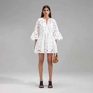 Self Portrait White Cotton Lace Wide Sleeve Mini Dress - Size 6 US - Size 10 UK